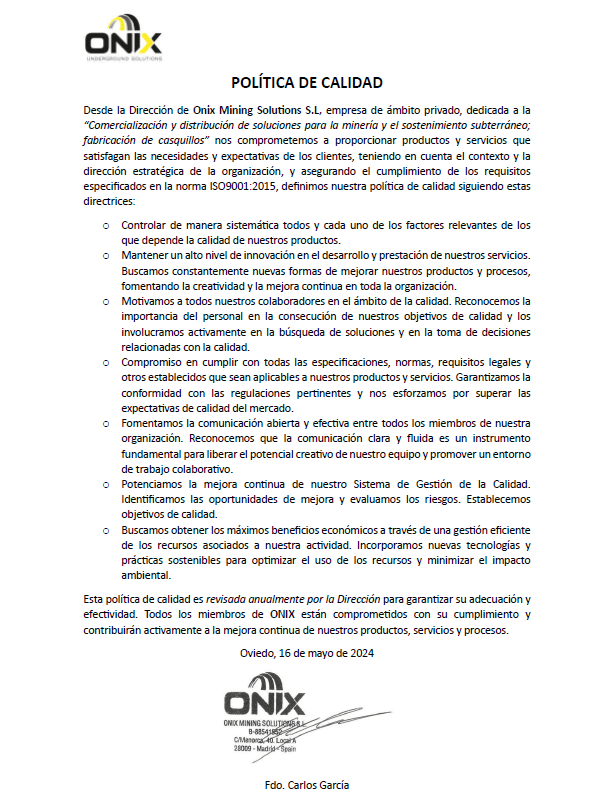 Politica Calidad Onix ES Politica Calidad Onix ES