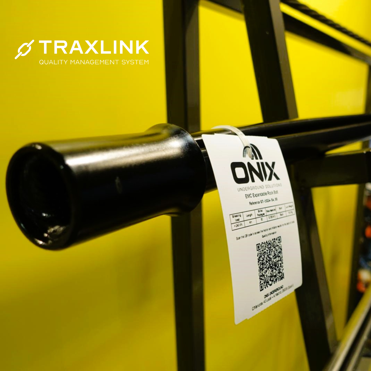 Traxlink digital traceability by Onix Underground showing QR-based tracking of ground support bolts and certified quality test data.